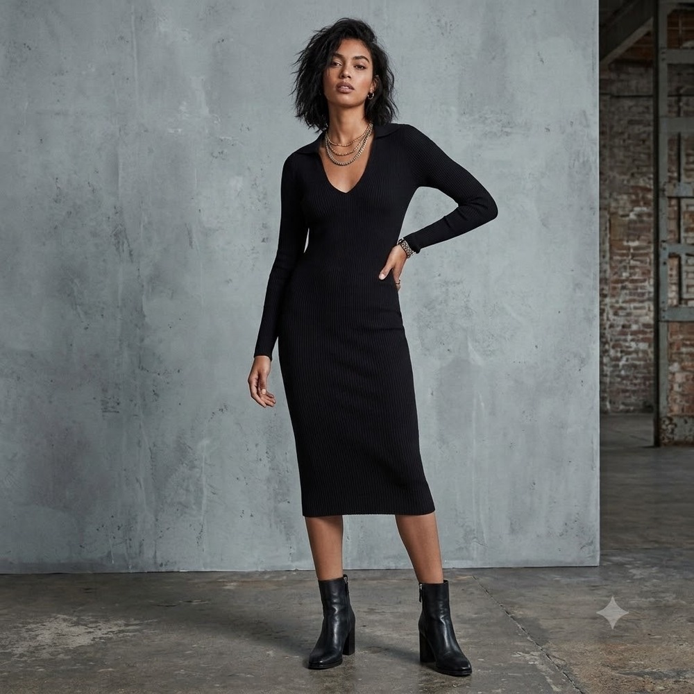 All Saints Ribba Dress Women Medium Black Ribbed V-Neck Long Sleeve Midi